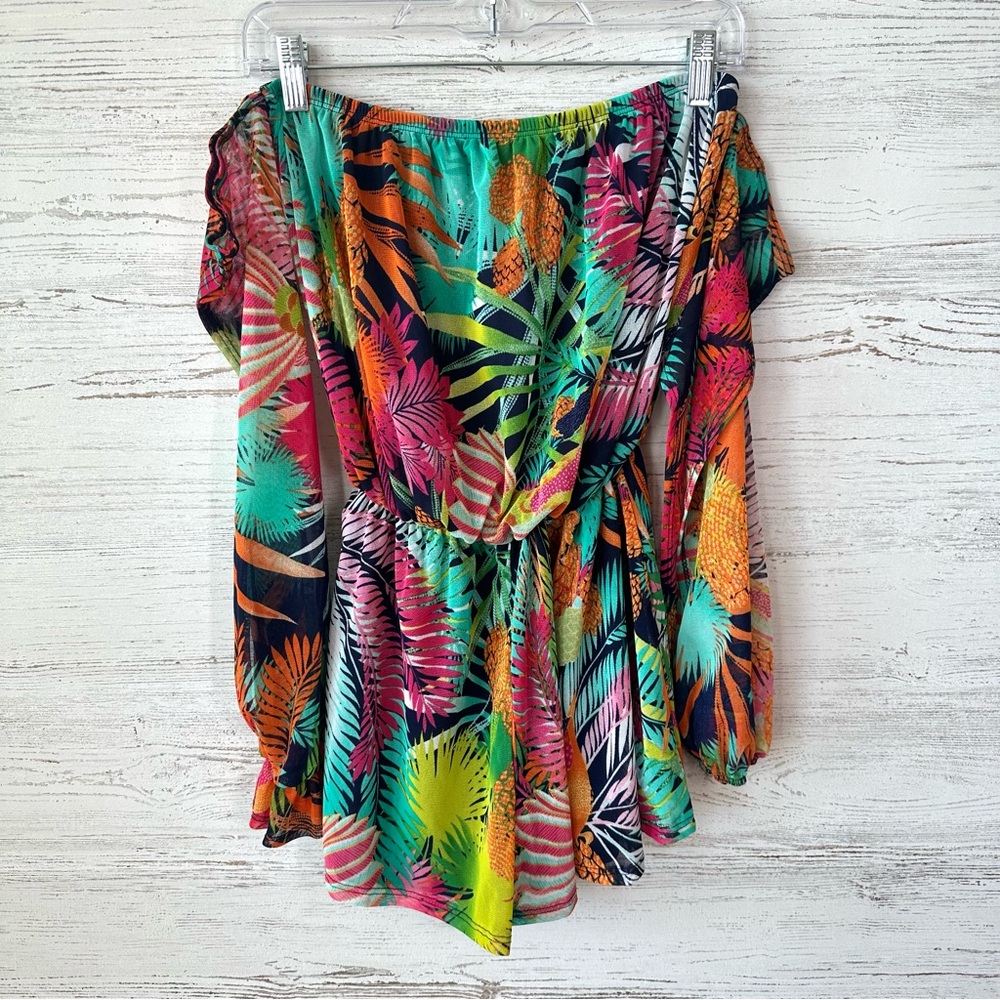 NWT FASHION NOVA Tropical Getaway Romper Off Shoulder Split Sleeve Colorful M - Picture 3 of 12